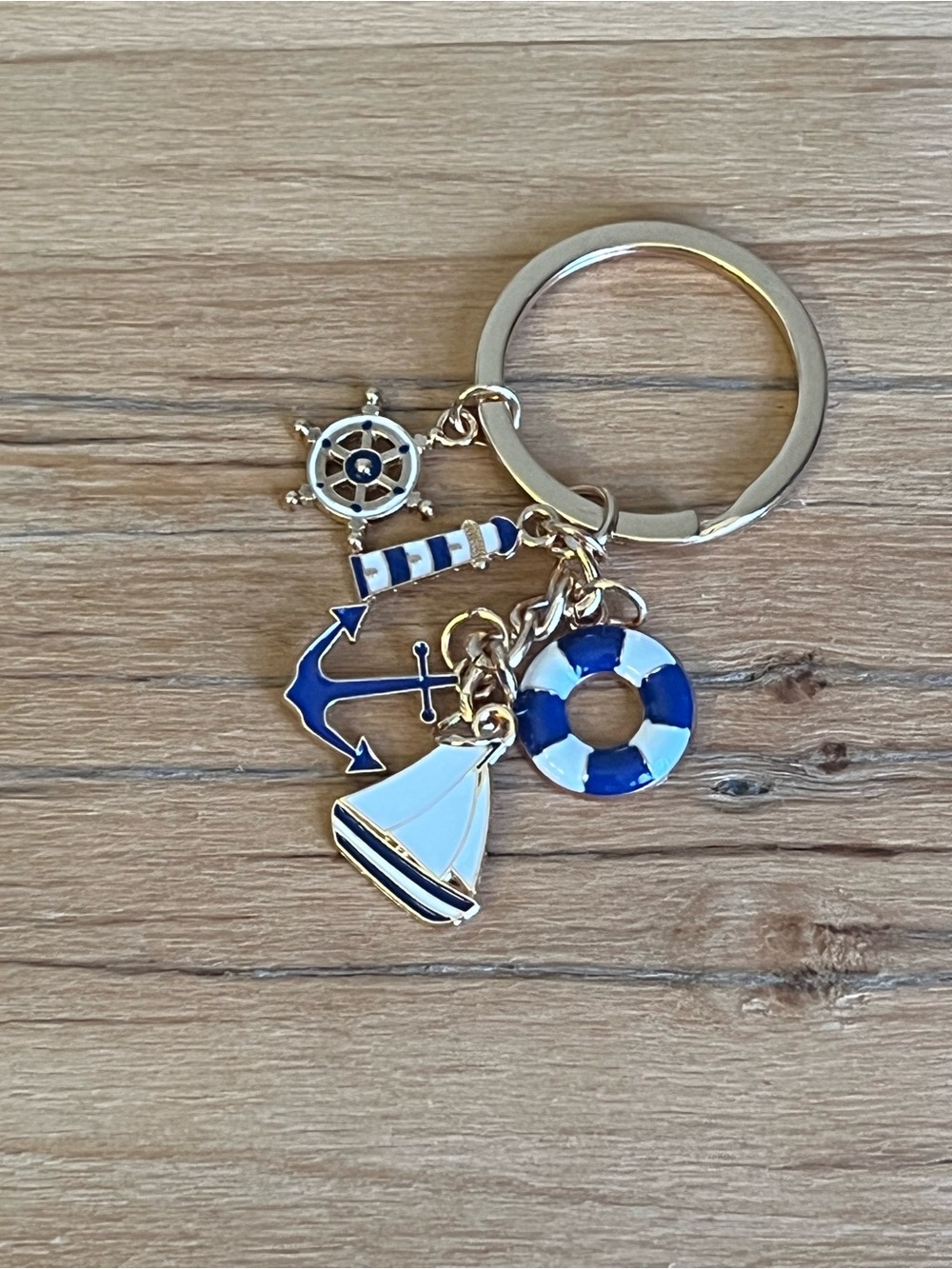 Nautical Blue Charm Keychain for Kids - Gold-tone Sailboat & Anchor